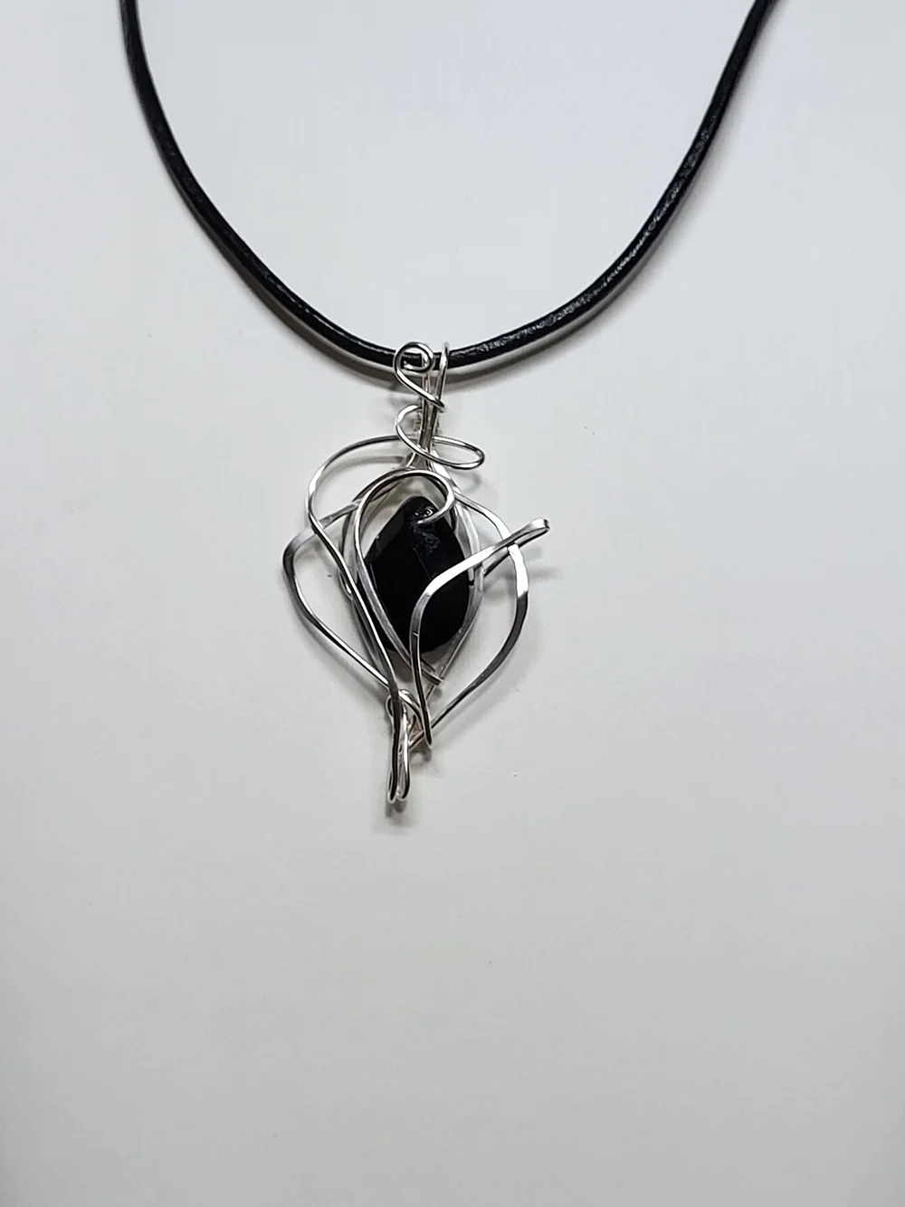 Black Onyx Wire-Wrapped Pendant Necklace with Silver Plated Copper Wire